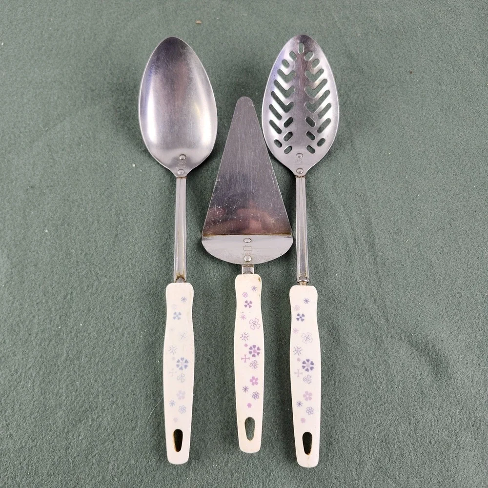 Vintage‎ EKCO USA Stainless Steel Serving Utensils - White & Purple Handle
